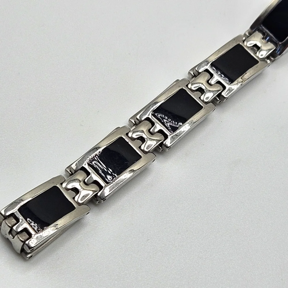 Stainless Steel Black Enamel Watch Link Men's Bracelet 9.25